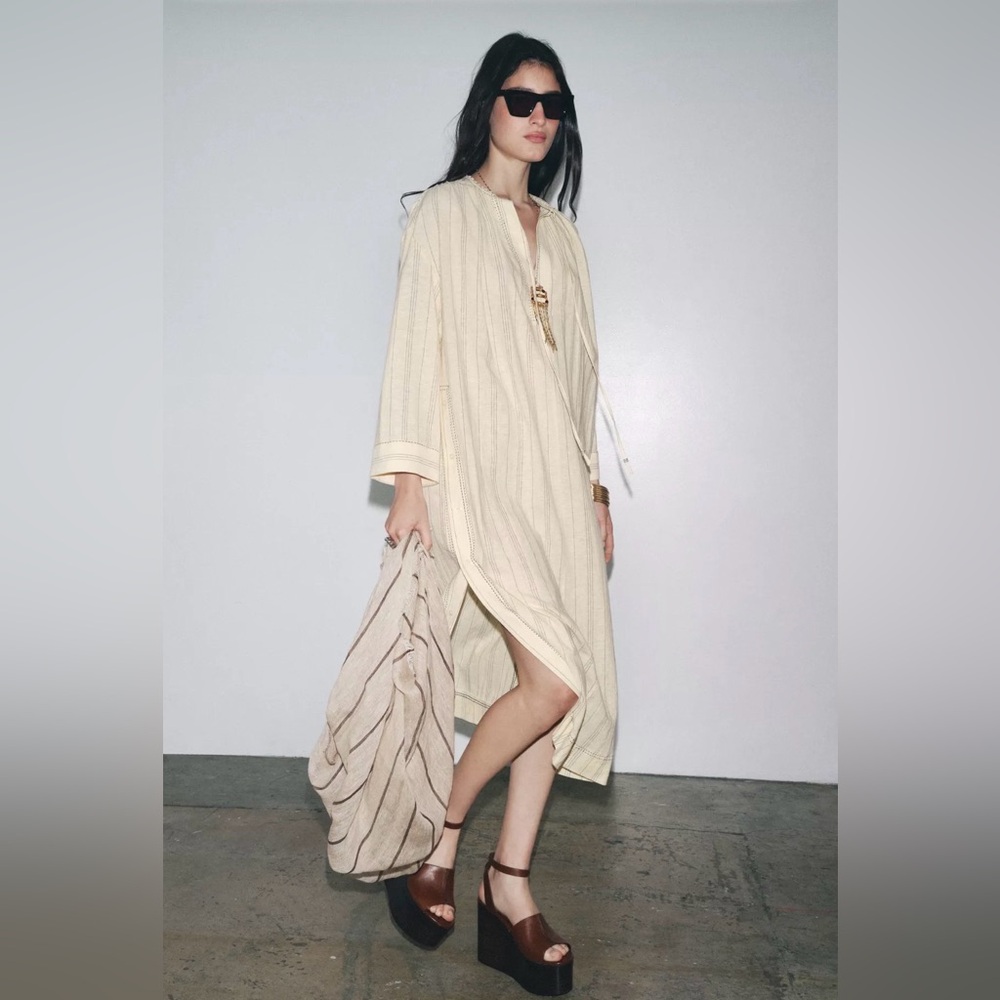 ZARA STRIPED LINEN TUNIC DRESS SIZE L - Picture 3 of 7